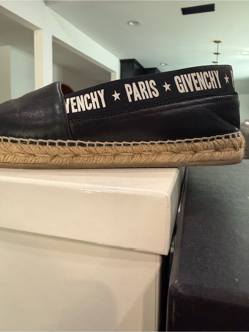 Givenchy Black Leather Espadrille Slip-Ons with Paris Logo Band